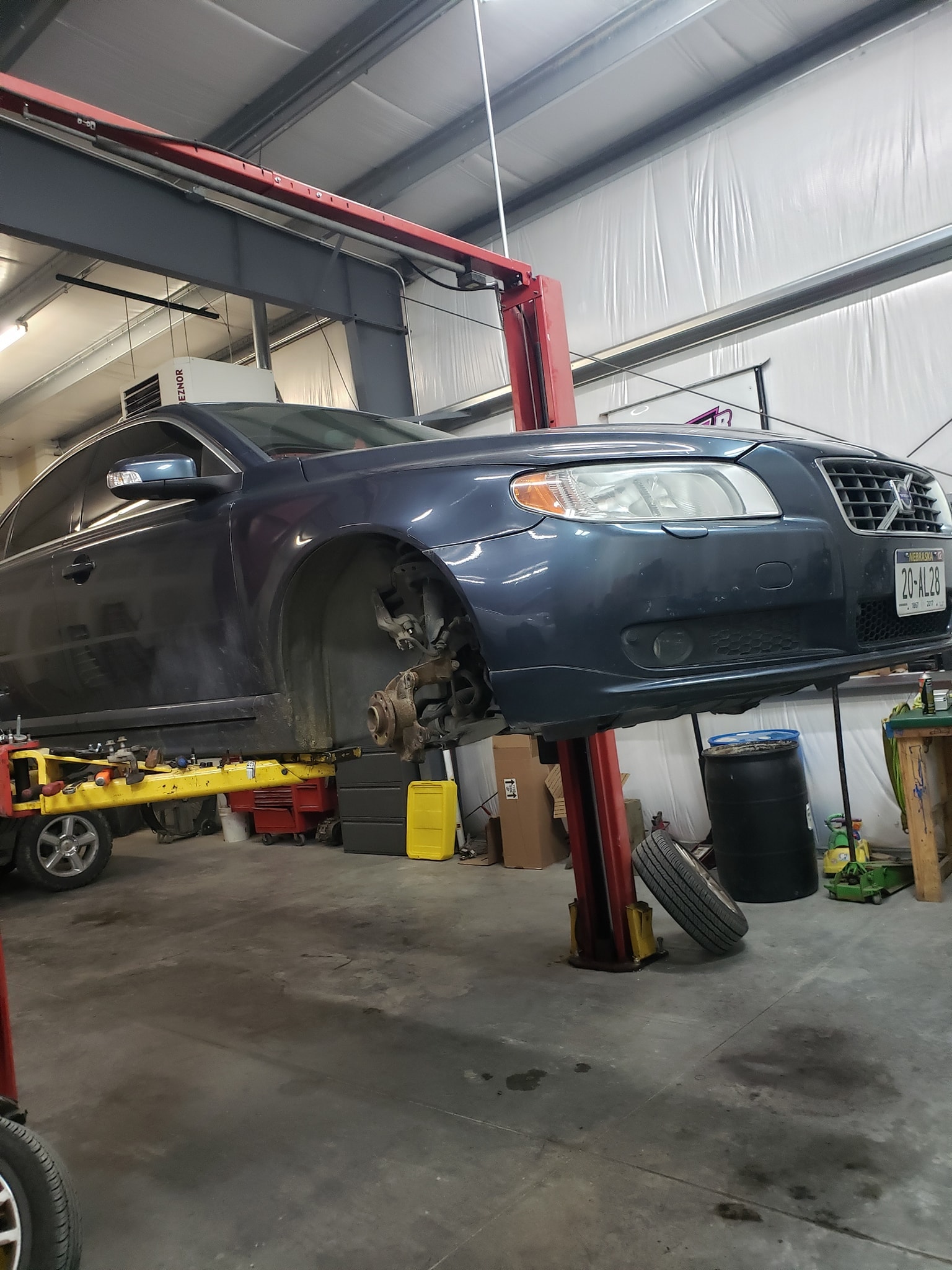 volvo on the lift for a repair